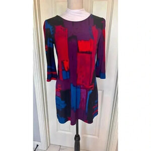 Alfani Women’s XS Petite Blue Red Abstract Print Cowl Neck 3/4 Sleeve Midi Dress